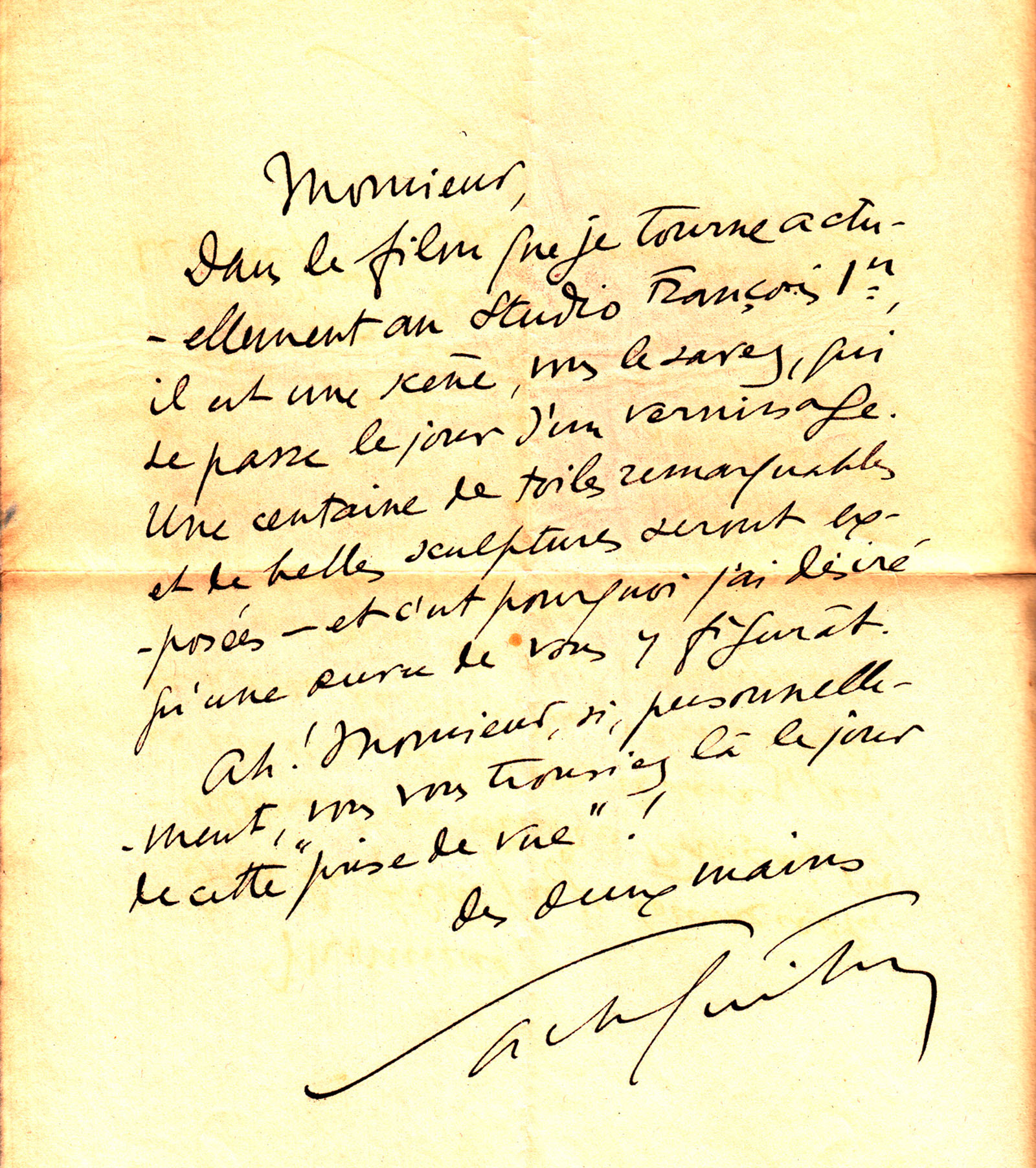 Lettre enthousiaste de Sacha Guitry